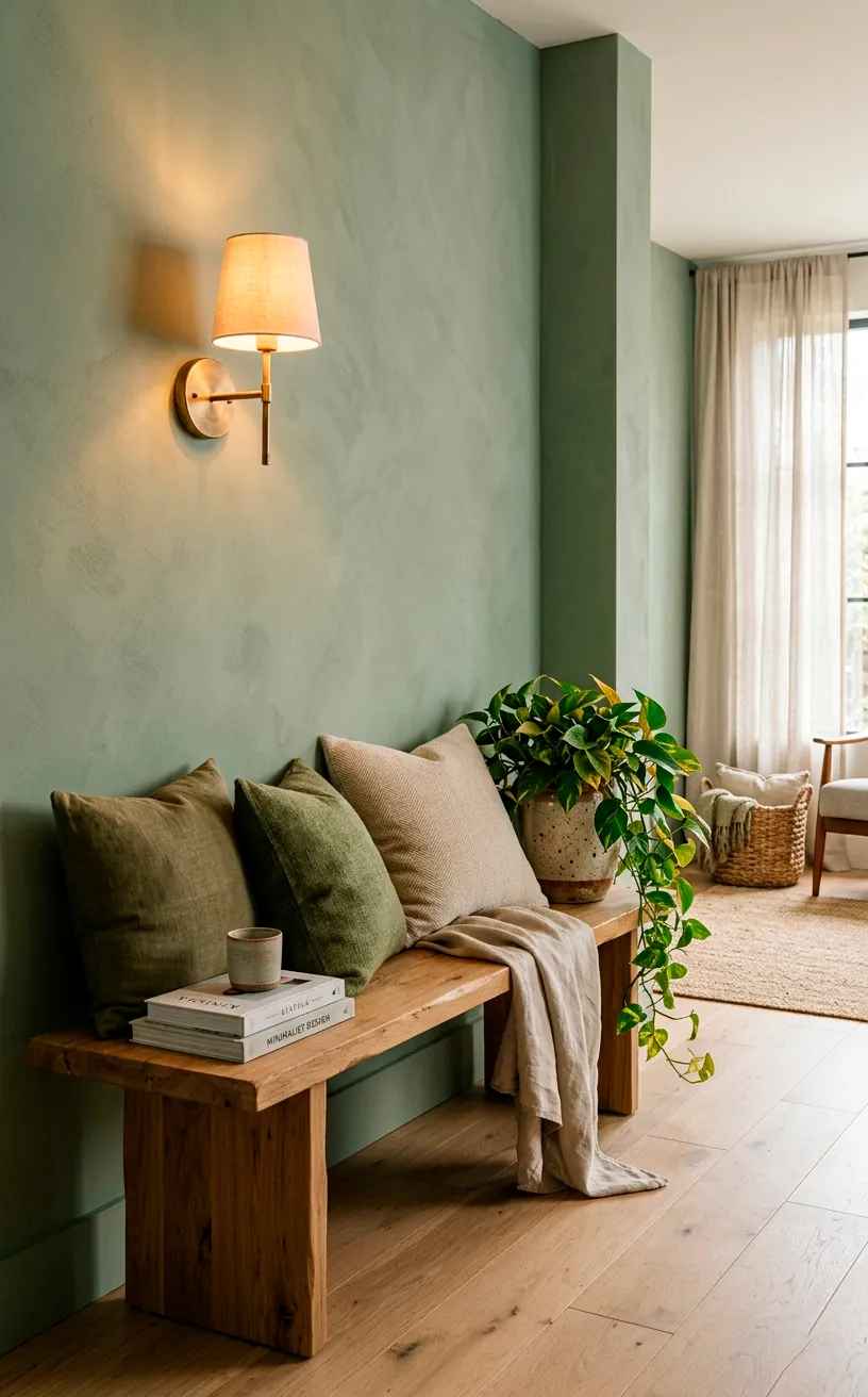 Muted sage green wall with a natural wood bench and brass sconce.