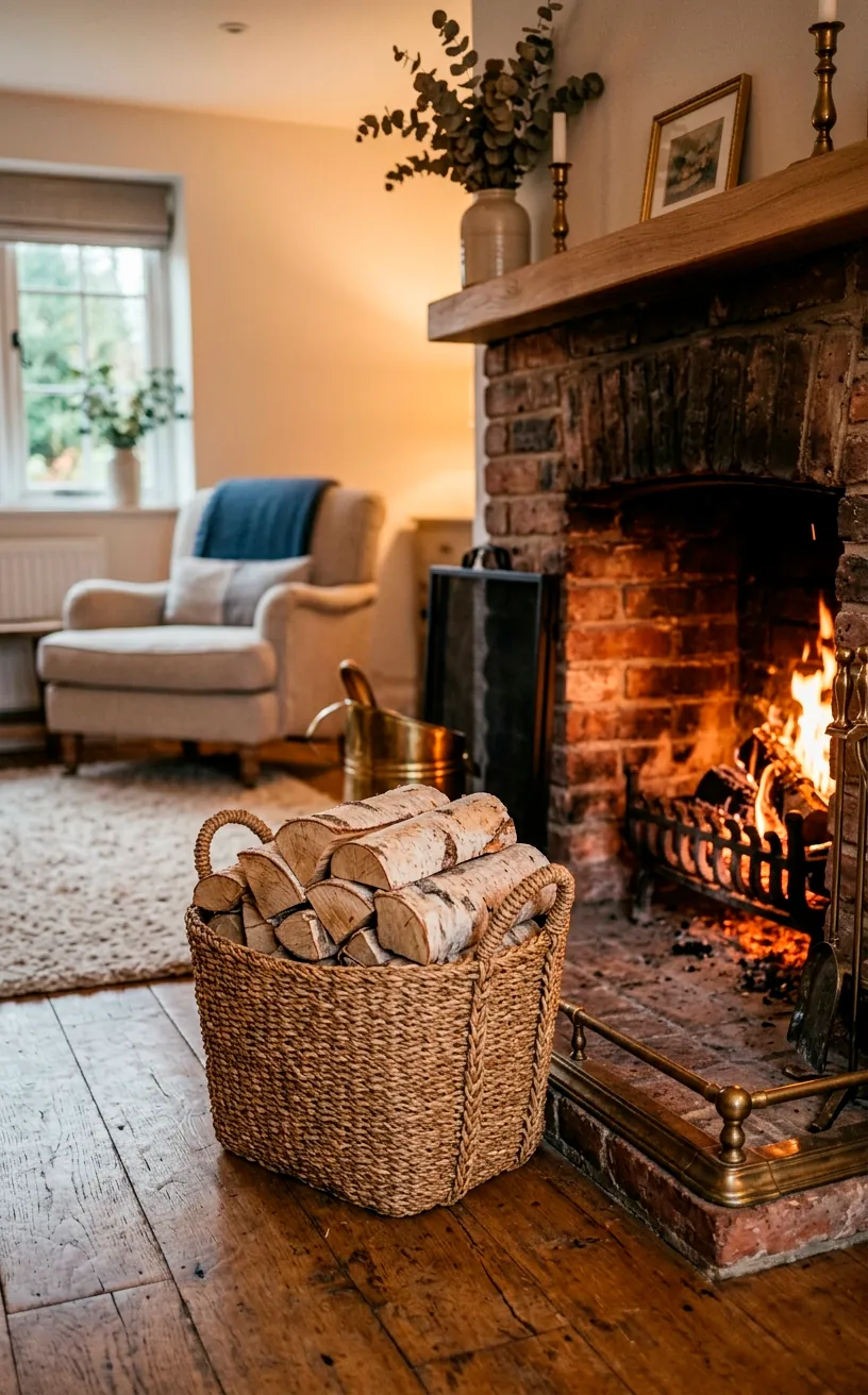 A woven seagrass basket filled with birch firewood logs next to a fireplace hearth.