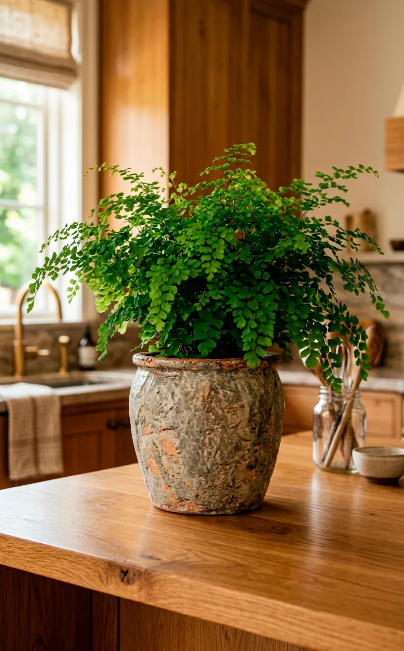 Ceramic faux stone self watering planter on a modern kitchen island with fern.