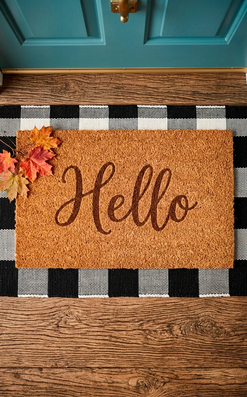 Layered front door rugs featuring a buffalo plaid base and a coir welcome mat.