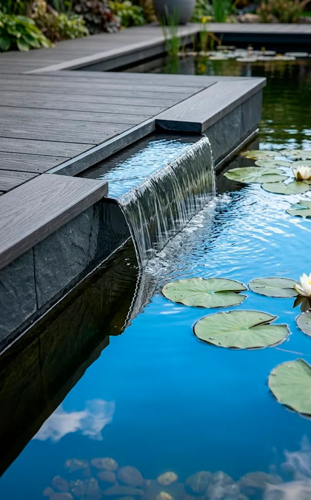 Close-up of charcoal slate and composite decking pond materials.