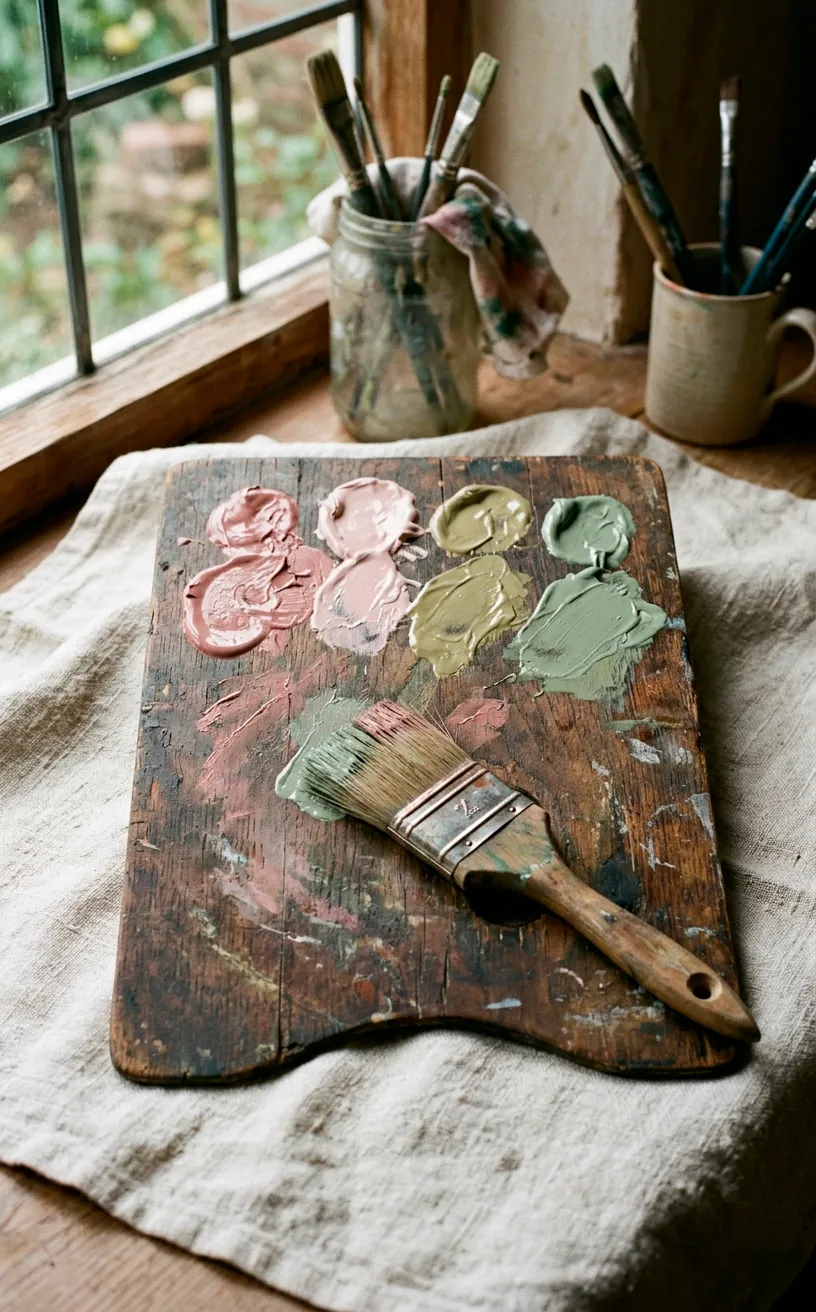 Vintage wooden palette with swatches of dusty rose, plaster pink, soft olive, and sage green interior paint.