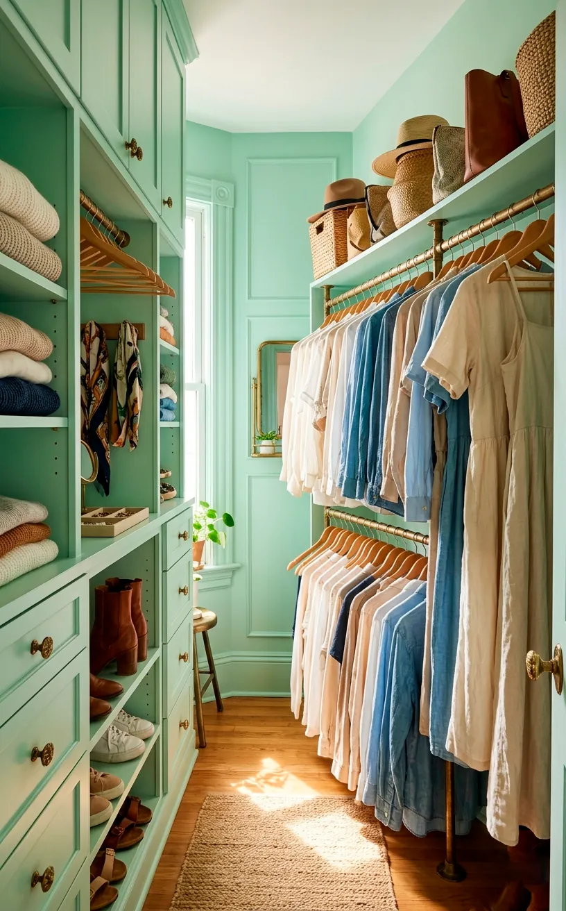 Mint green walk-in closet featuring antique brass clothing racks