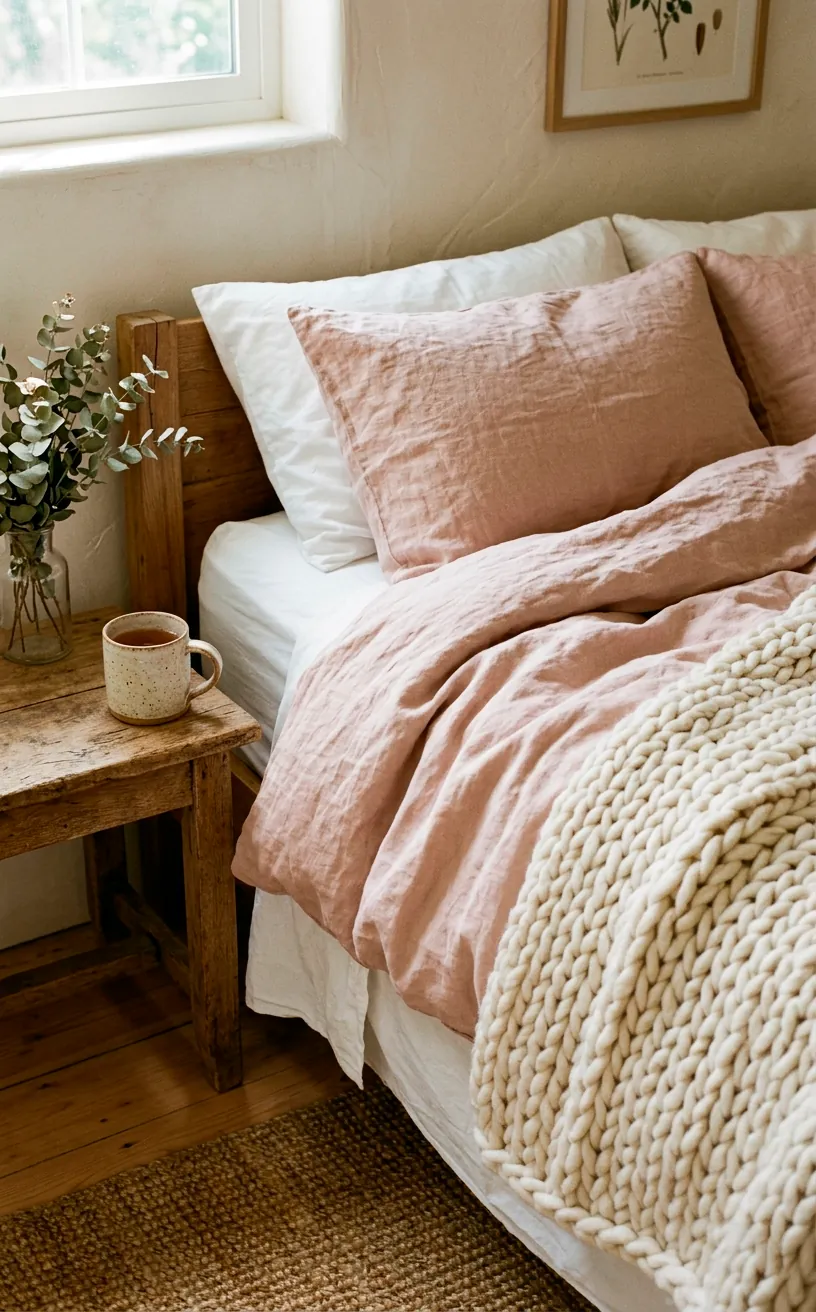 Close up of layered farmhouse bedding with chunky knit blanket and linen duvet.