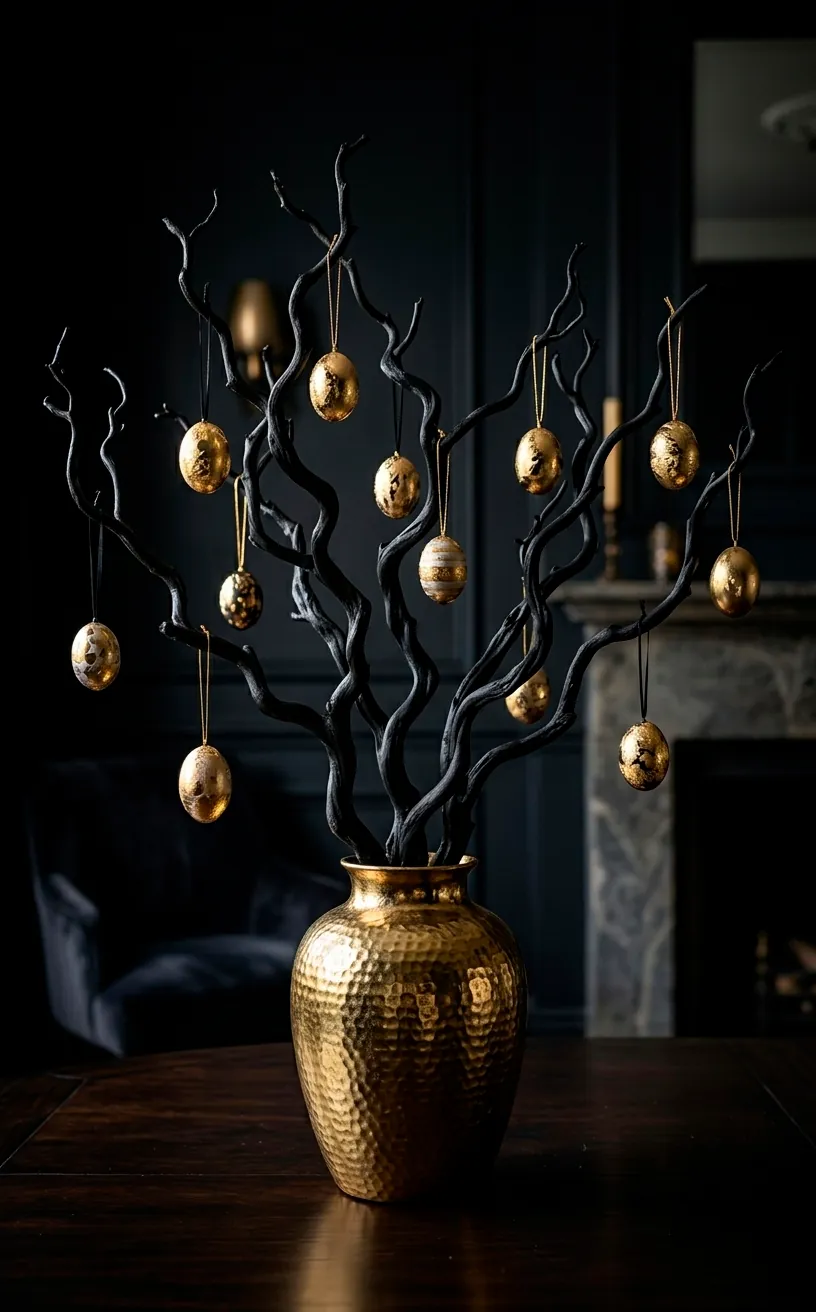 Black manzanita branch centerpiece with hanging gold eggs for Easter.