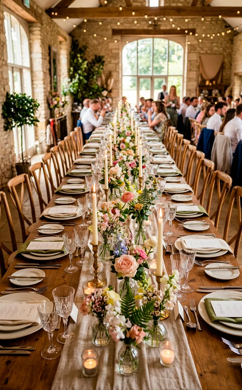 Winding arrangement of glass bud vases and taper candles on a long rectangular table