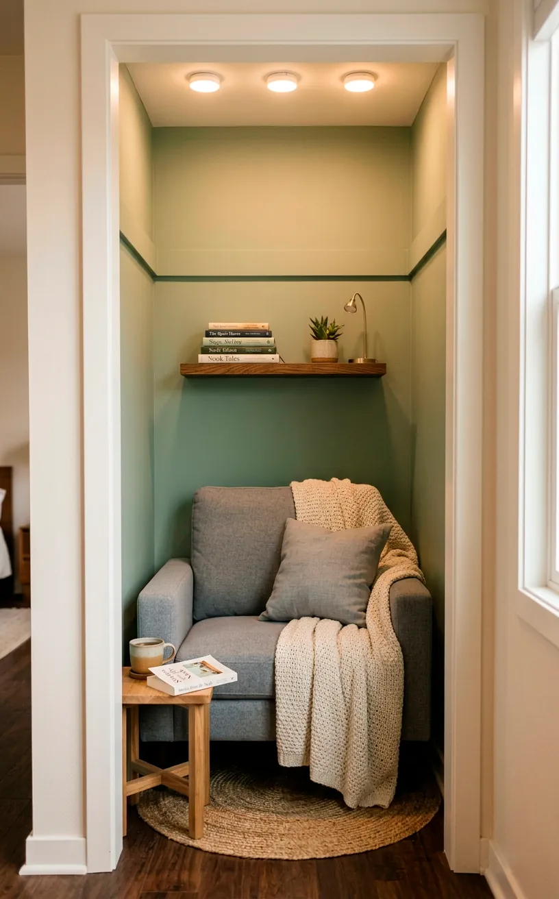 Shallow closet converted into a minimalist reading nook with a gray armchair and sage green interior.
