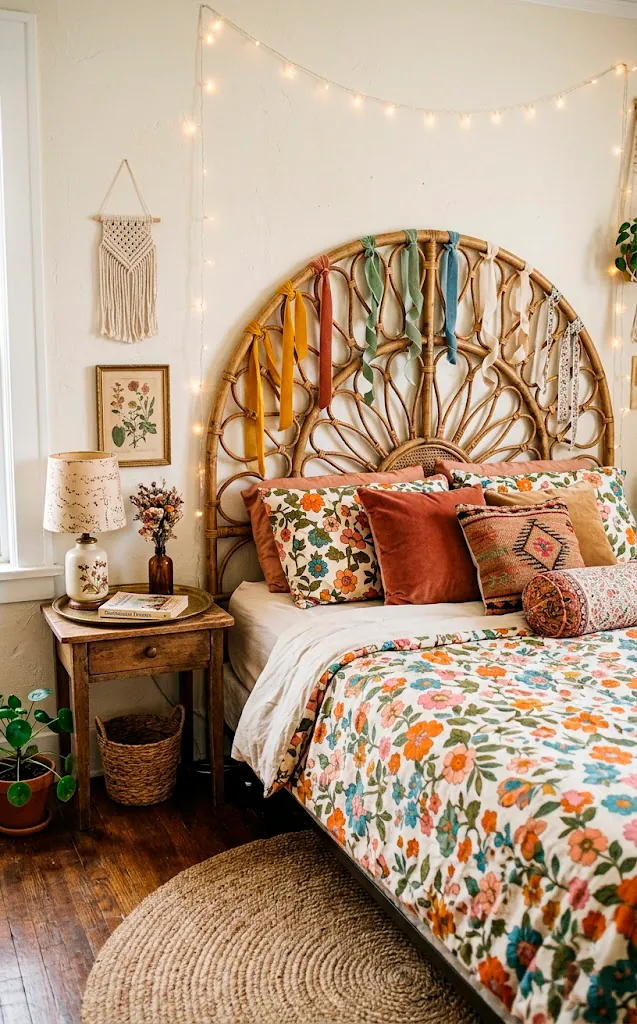 Vintage looped rattan headboard with playful curling ribbons paired with vintage floral sheets