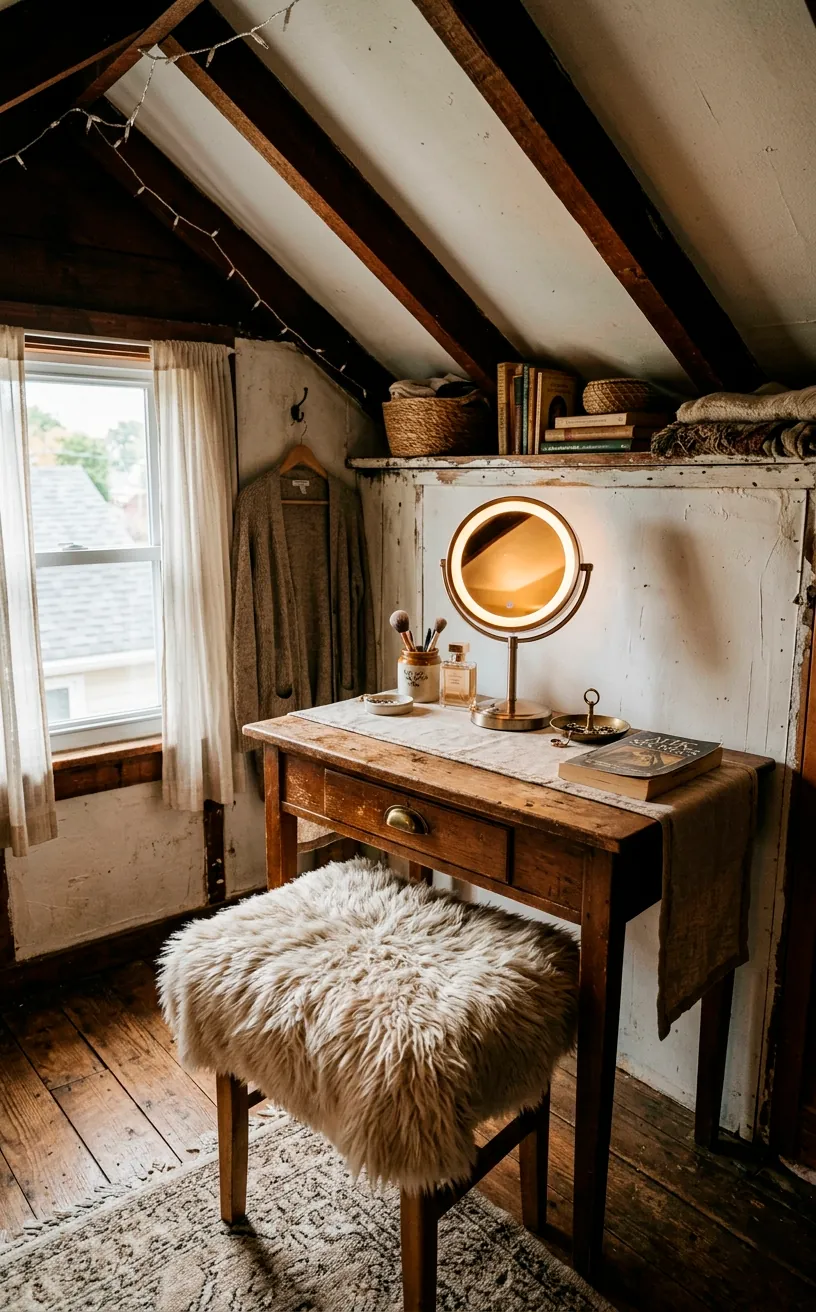 Vintage desk used as a vanity with a faux fur covered stool tucked under an eave