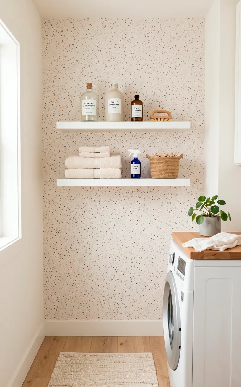 Playful laundry room accent wall covered in muted terrazzo speck wallpaper with open white shelving