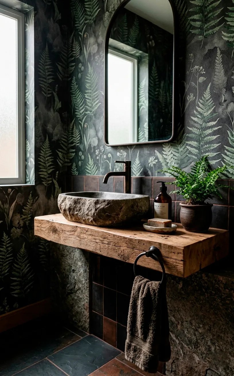 Dark watercolor fern foliage wallpaper with a raw wood floating shelf