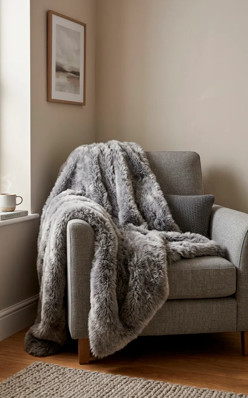 Grey armchair luxuriously draped with a plush grey faux fur throw blanket
