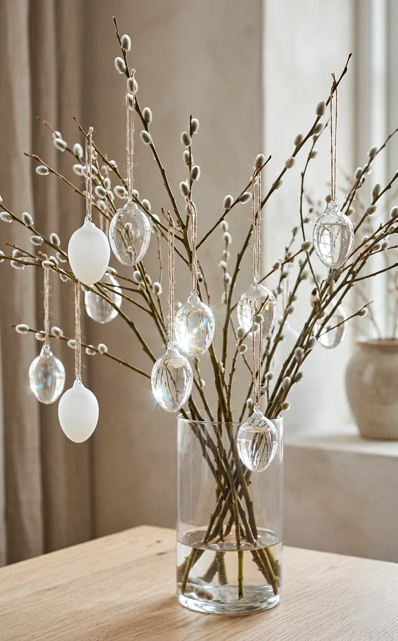 Wispy willow branches decorated with delicate translucent glass and white egg baubles.