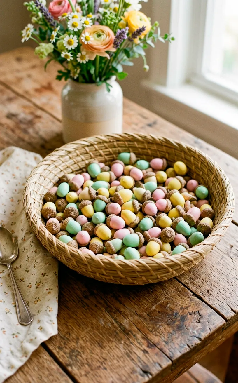 Sweetgrass basket filled with pastel painted acorns for an Easter centerpiece.