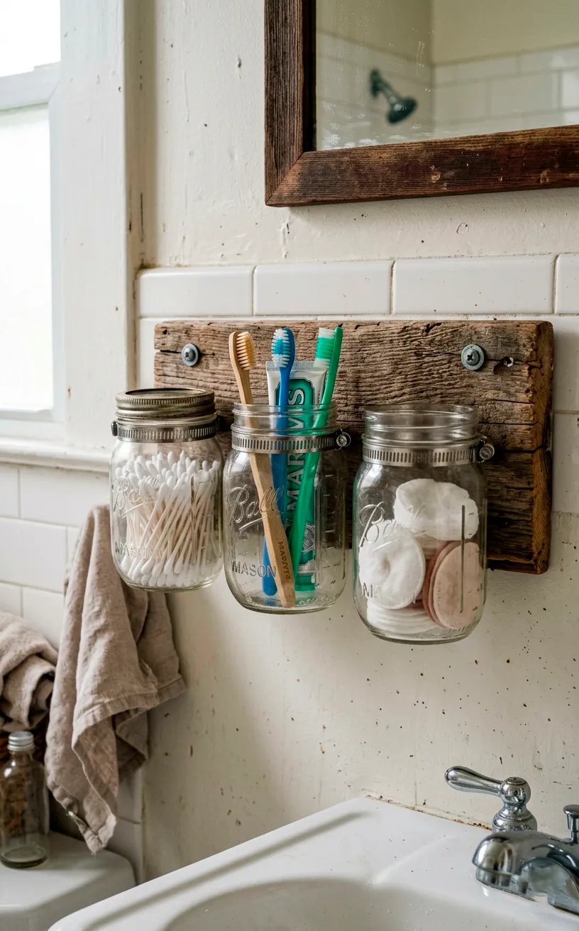 Mason jars mounted on scrap wood holding bathroom supplies
