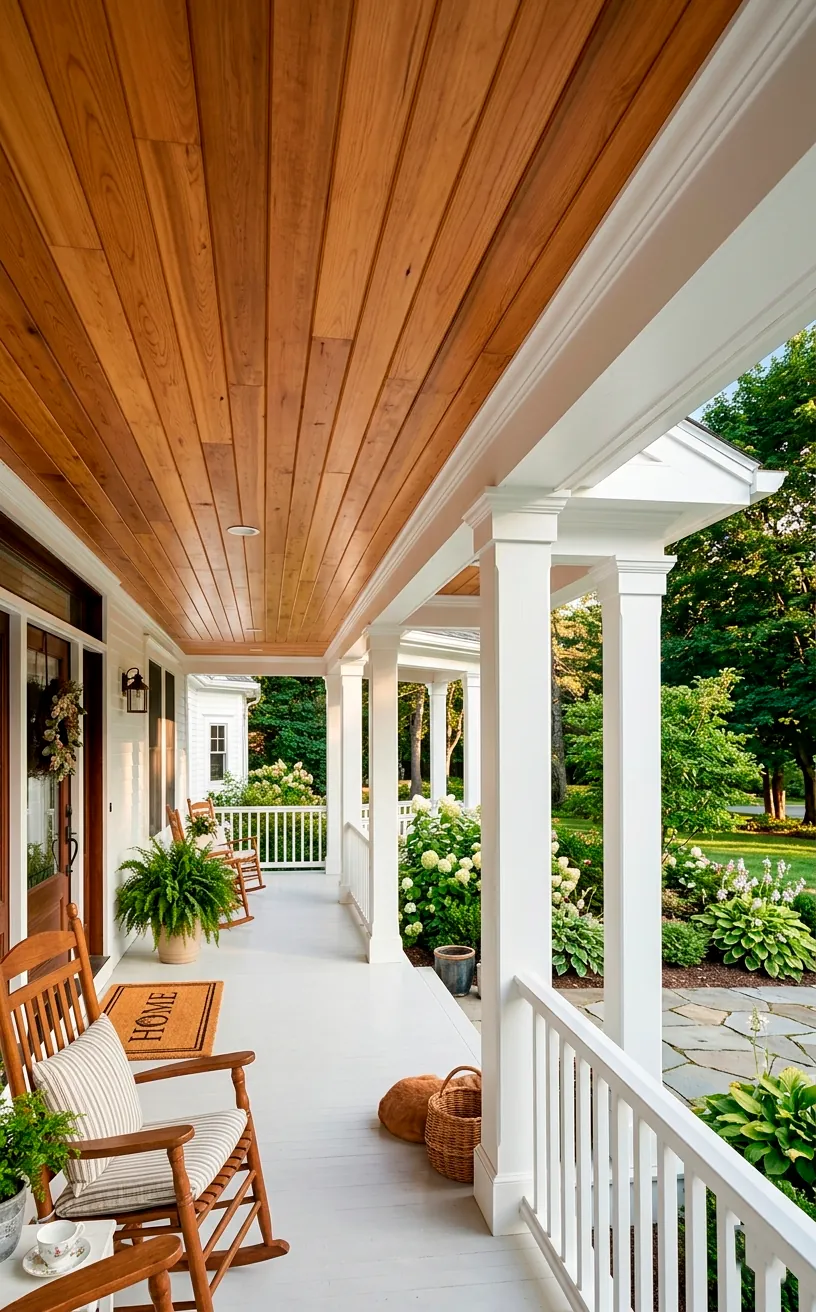 Rich cedar tongue-and-groove ceiling contrasting with bright white columns on a farmhouse porch.