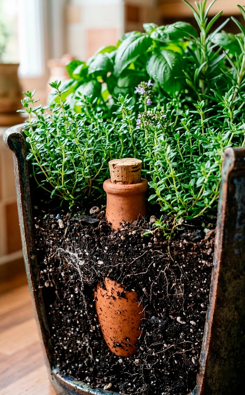 Terra cotta olla buried in a deep kitchen planter for self watering herbs.