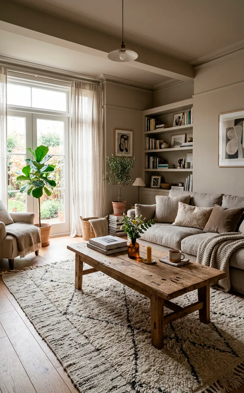 Warm greige living room featuring a highly textured layered rug setup.