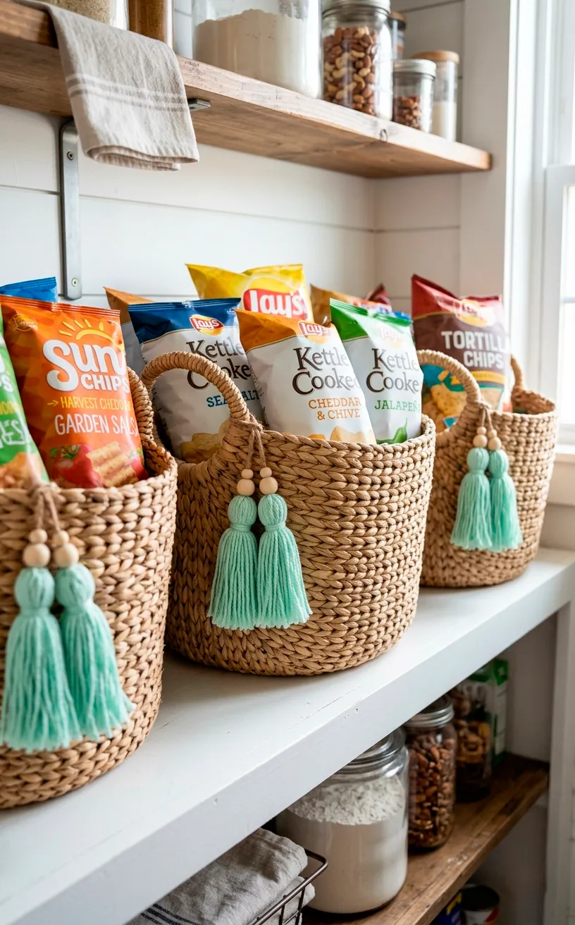 Natural seagrass woven pantry baskets playfully decorated with cute mint green yarn tassels resting on a white shelf.