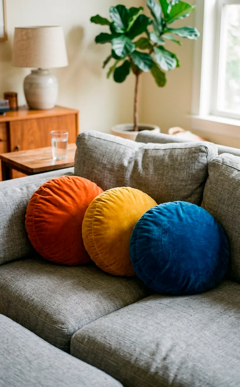 Round velvet sphere pillows in burnt orange and blue on a modern gray sofa.