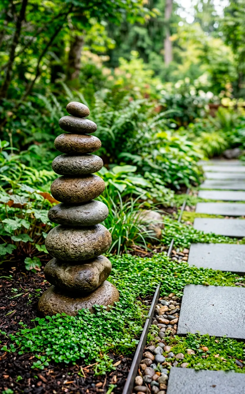 Stacked river stone cairn sculpture beside a garden pathway.
