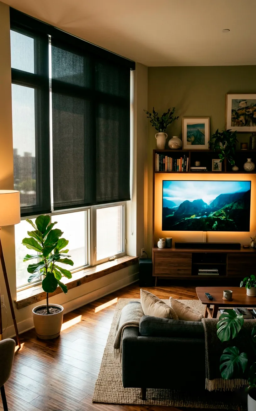 Living room with blackout shades blocking glare from a TV.