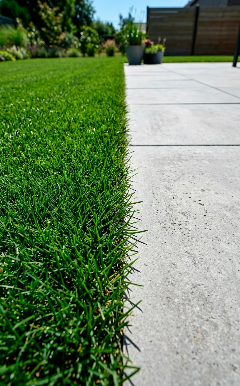 Zero-edge transition between a manicured green lawn and modern grey patio pavers.