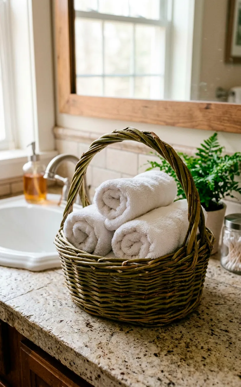 Handmade woven twig basket holding rolled white towels on a bathroom counter.