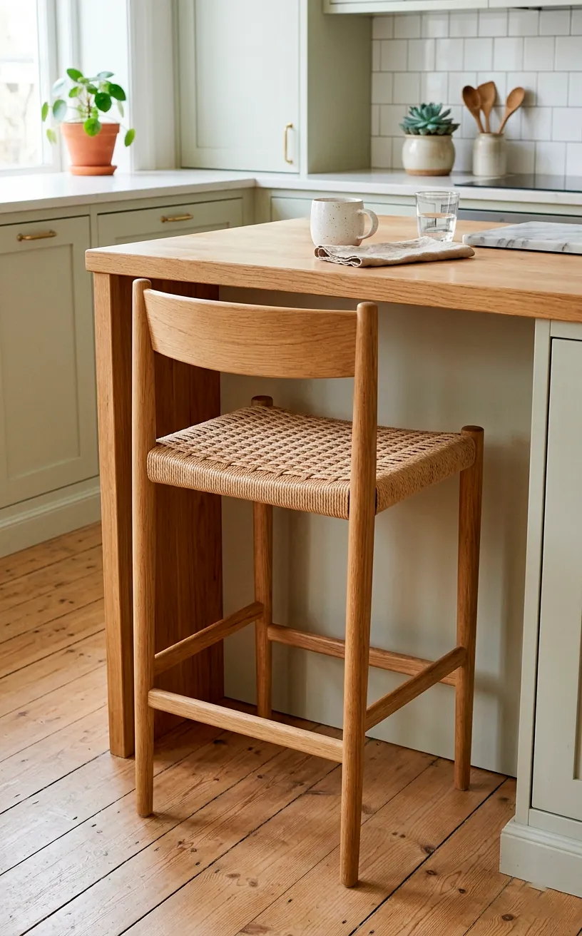 Scandinavian bar stool with a woven paper cord seat.