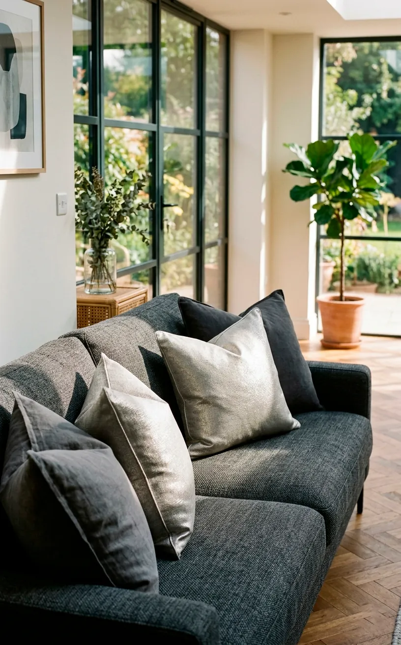 Charcoal sofa featuring matte gray and metallic silver throw pillows.