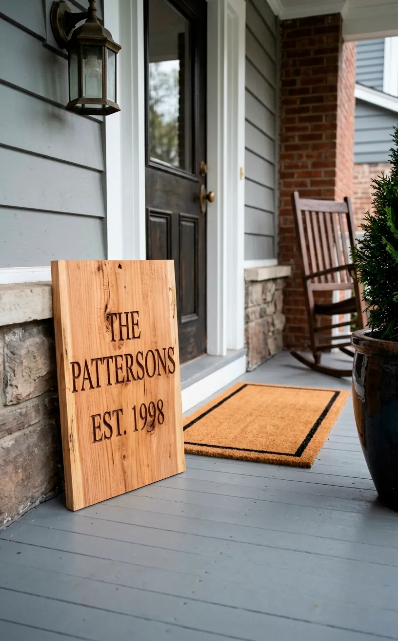 Raw cedar wood carved sign sitting on a pristine front porch next to a perfectly aligned natural coir mat