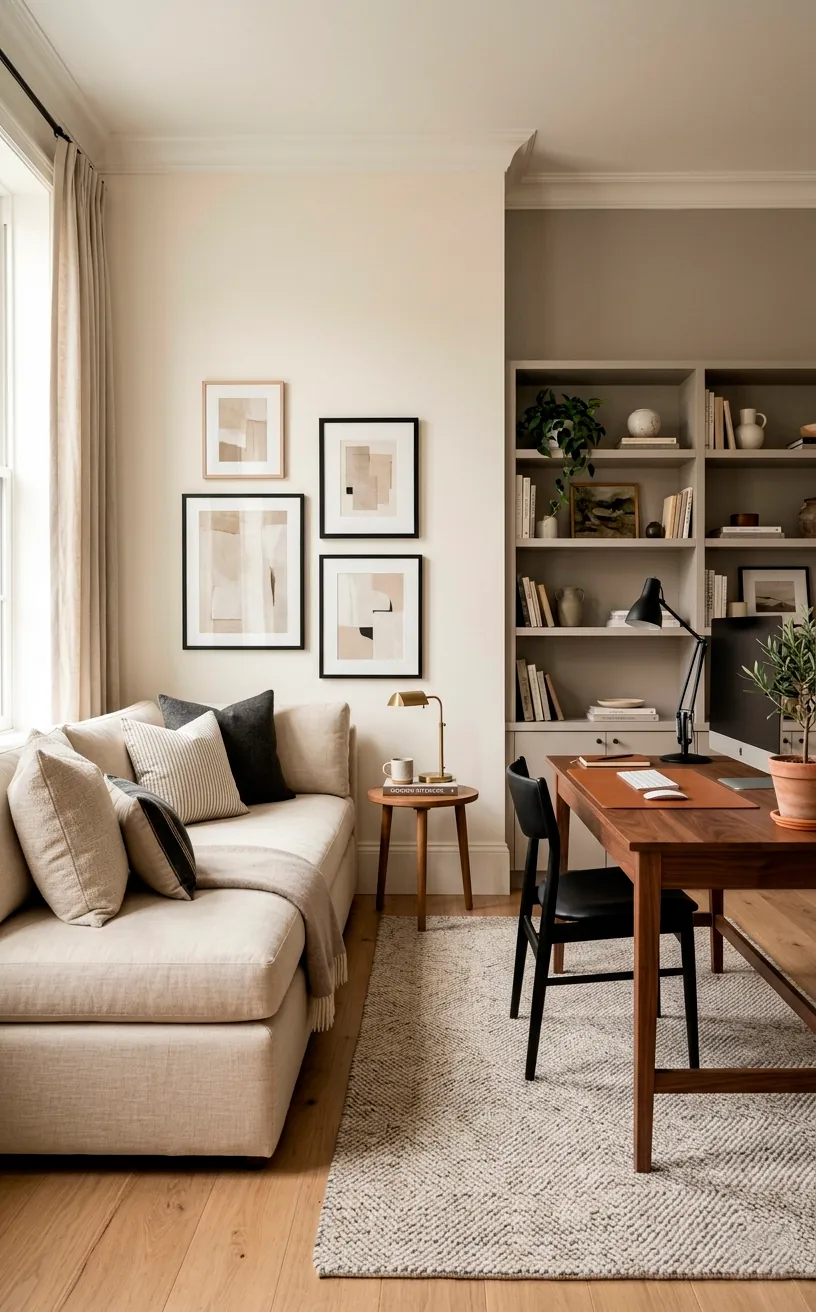 Upholstered linen daybed styled as a sofa in a modern home office