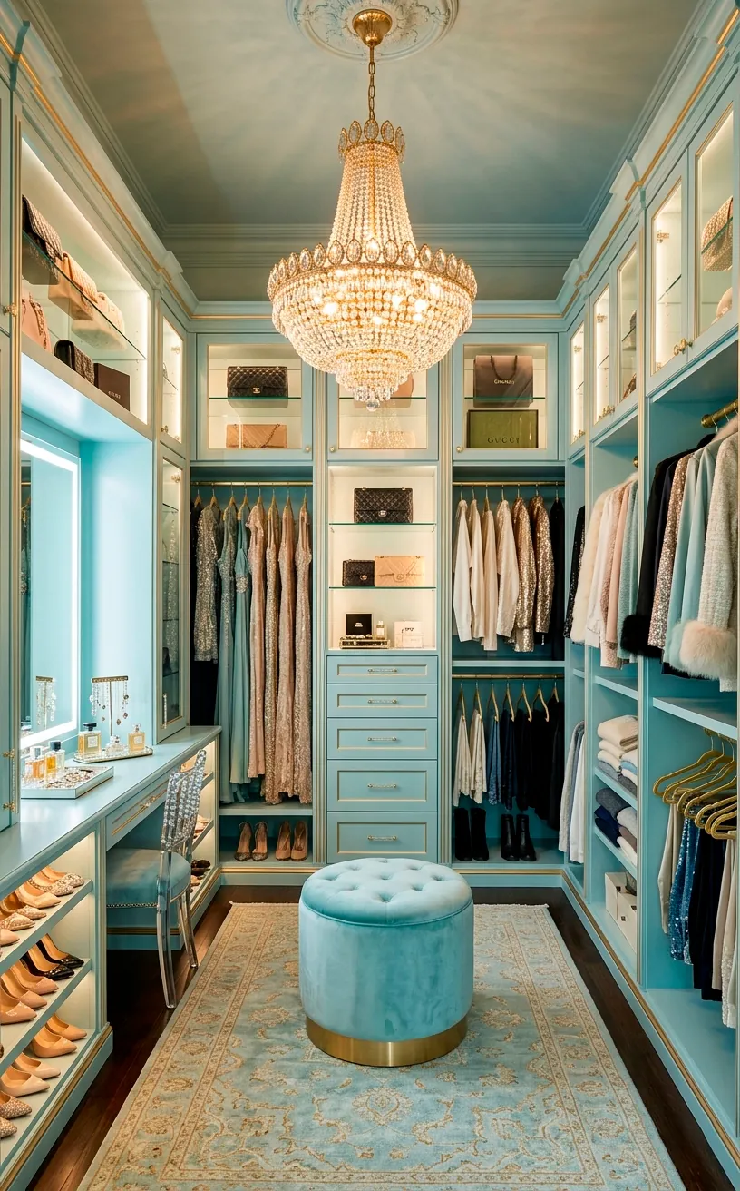 Glamorous iced aqua closet illuminated by a stunning champagne gold chandelier