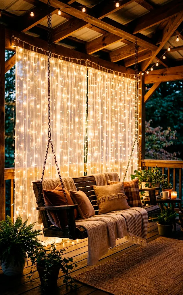 Wall of cascading warm white LED curtain lights behind a porch swing