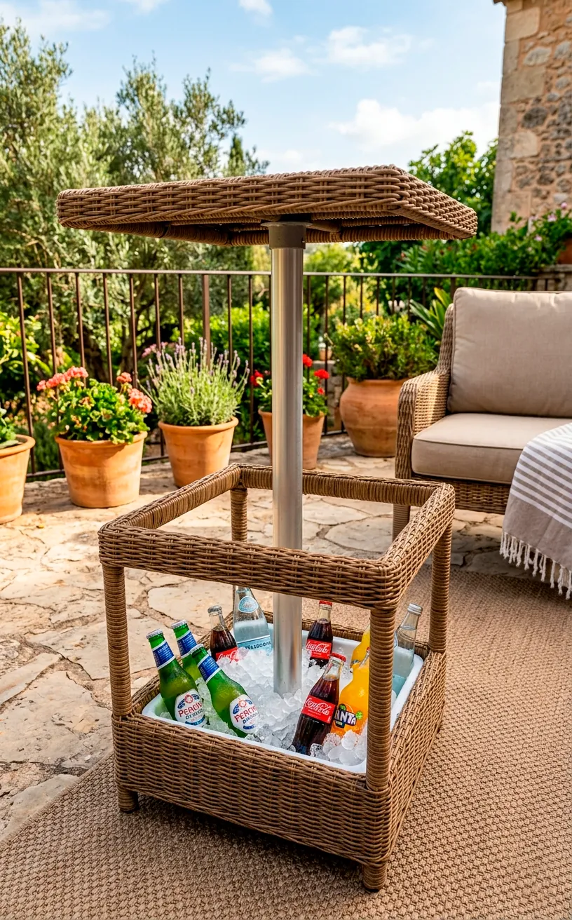 A rattan side table with an elevated top revealing a built-in cooler filled with ice and drinks.