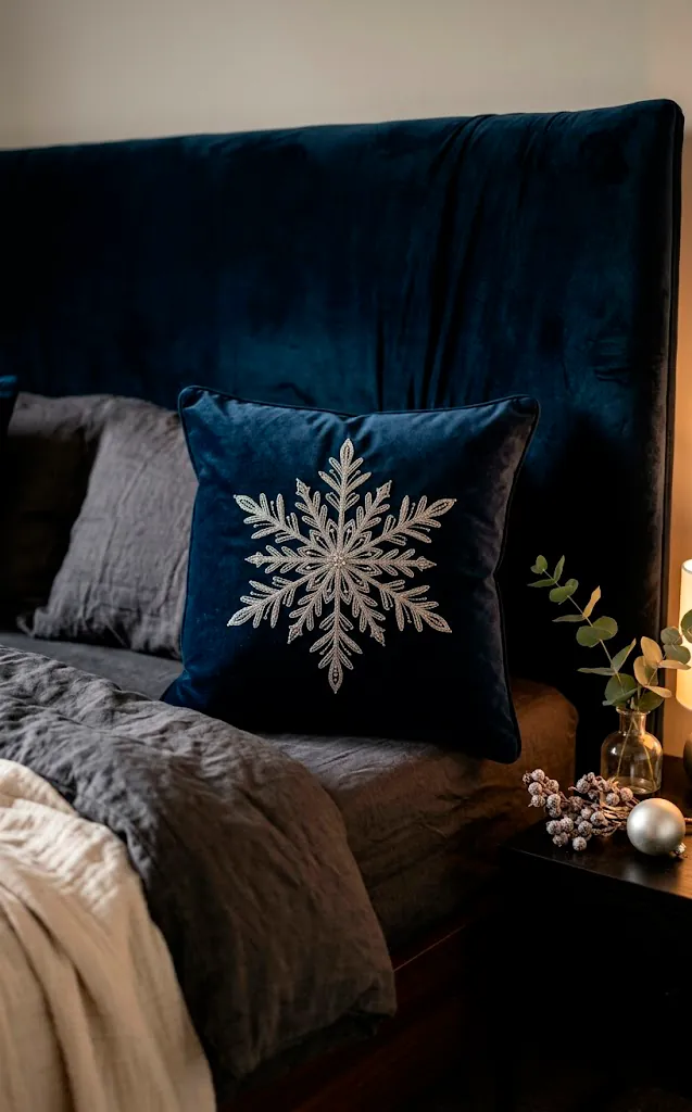 Decorative pillow with delicate silver snowflake embroidery on a bed.