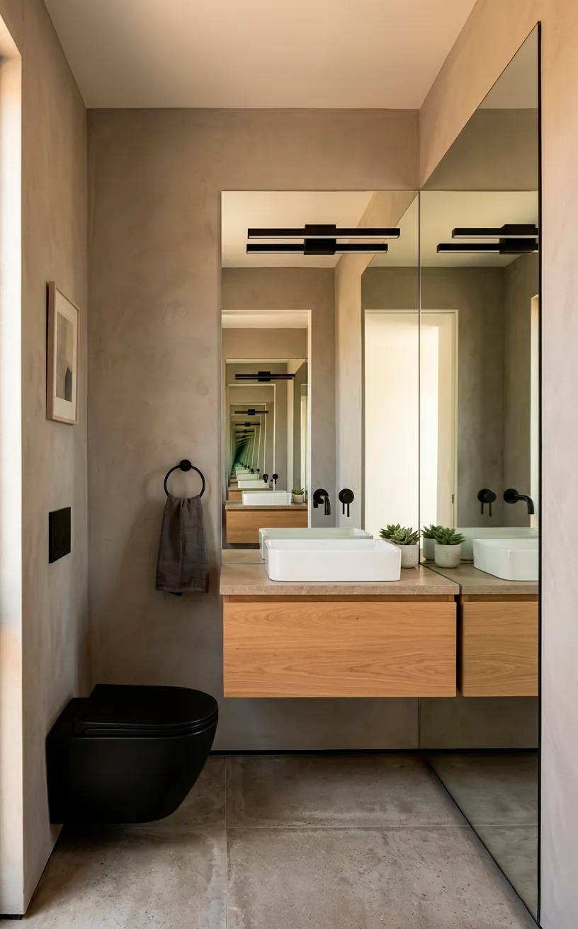 Frameless mirrors wrapping around the corner in an L-shaped powder room