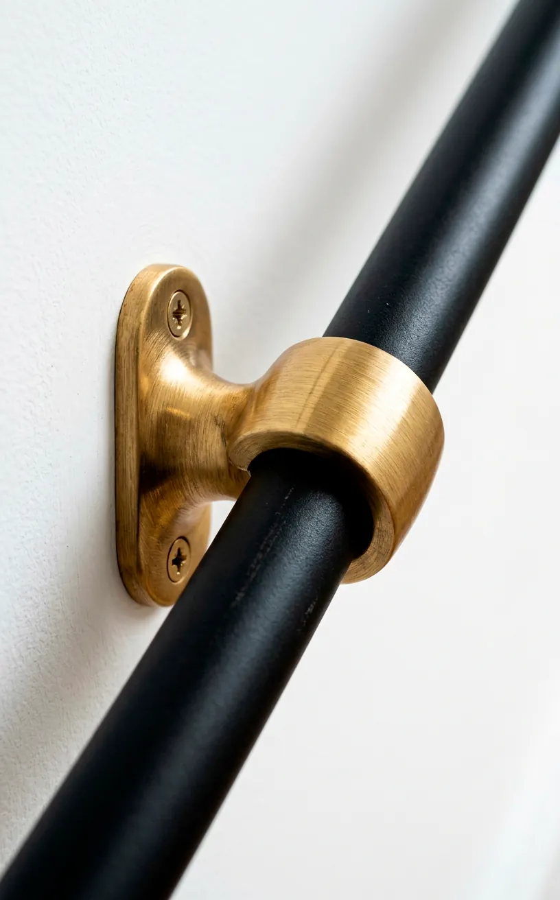 Brushed brass handrail bracket supporting a black handrail against a stark white monochrome wall.