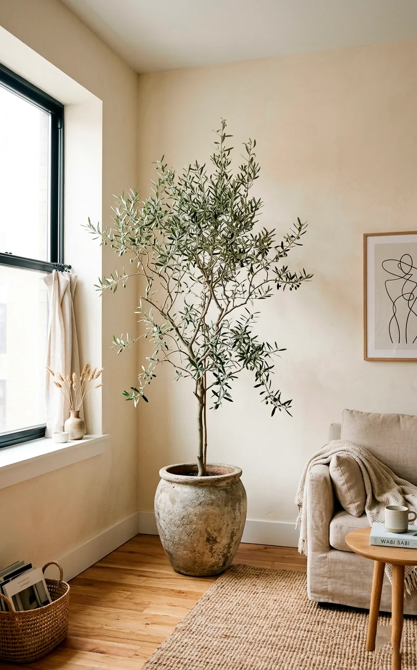 Tall indoor olive tree in a stone-textured pot placed in the corner of a cream studio