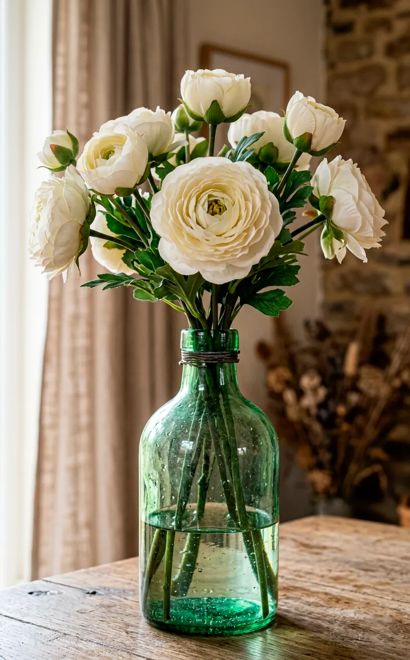 Upcycled green bottle holding realistic fake white ranunculus flowers with water at the bottom.