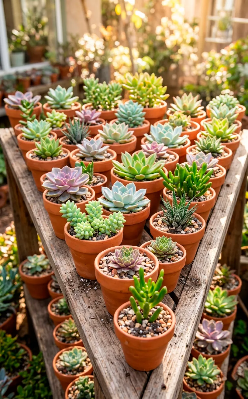 Individual succulent plants potted in small terracotta pots sitting on a sunlit wooden shelf.