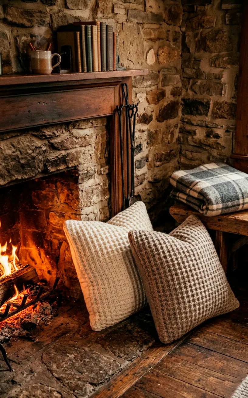 Oversized cream and taupe waffle-knit throw pillows leaning against a stone fireplace surround.