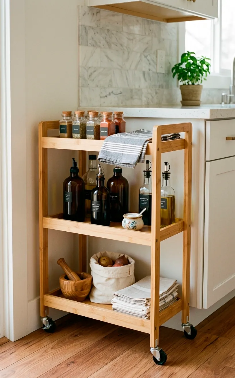 Three tier bamboo rolling utility cart with wheels filled with organized kitchen accessories.