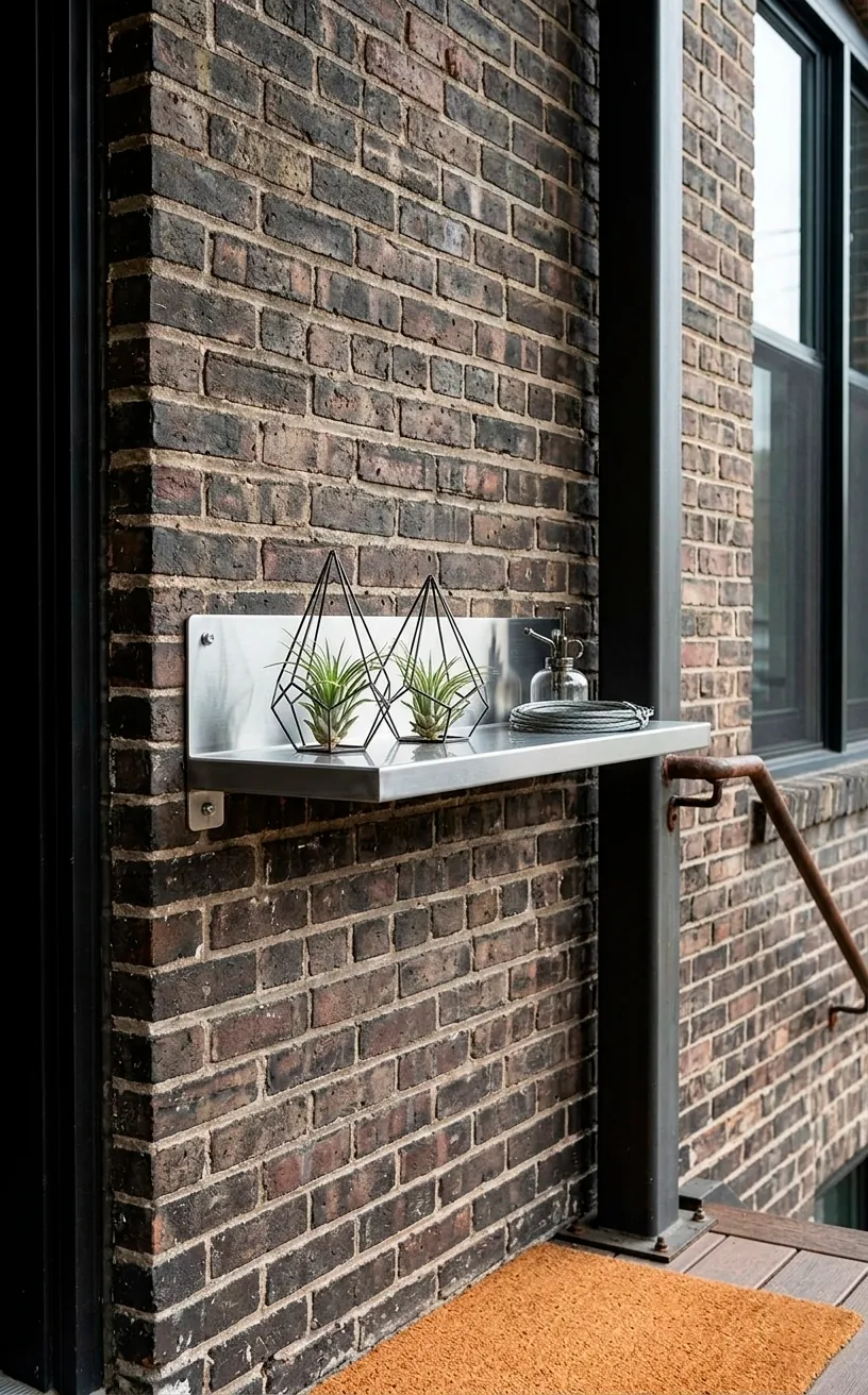 Durable stainless steel floating shelf with modern air plants on an urban industrial small front porch.