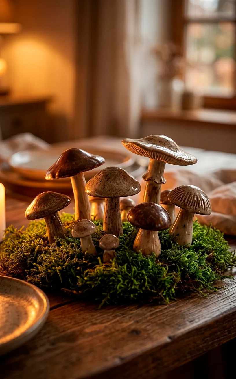 Ceramic mushroom figurines nestled in green moss on a table.