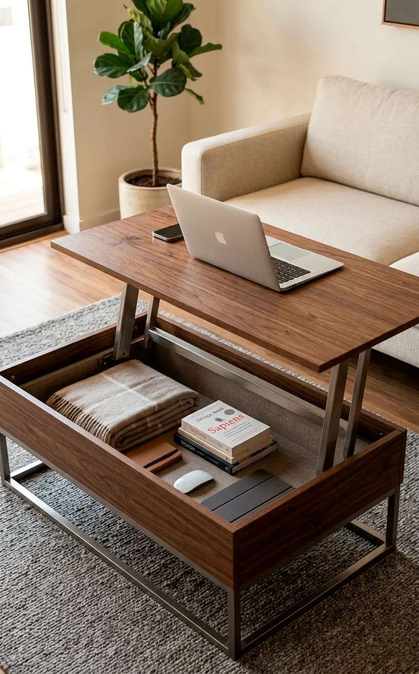 Modern lift-top coffee table extended upward to show hidden storage tray inside a cozy room.