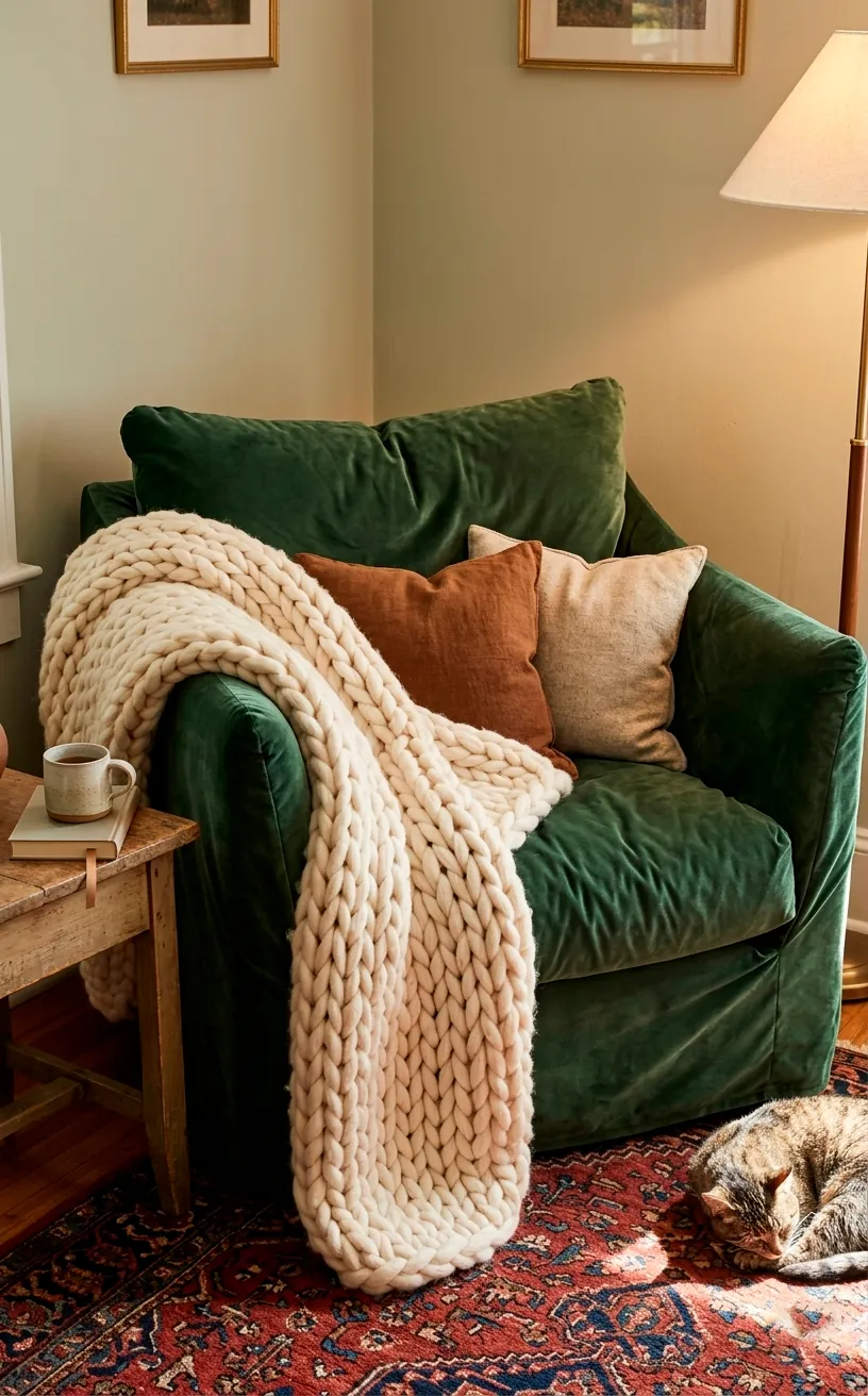 Large slouchy forest green velvet armchair with a knit blanket.