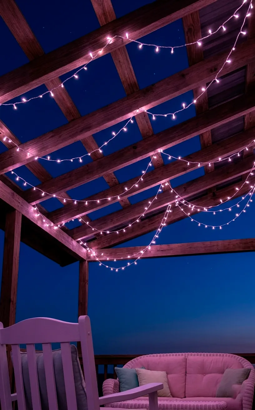 Lilac tinted string lights hanging from porch rafters at twilight.