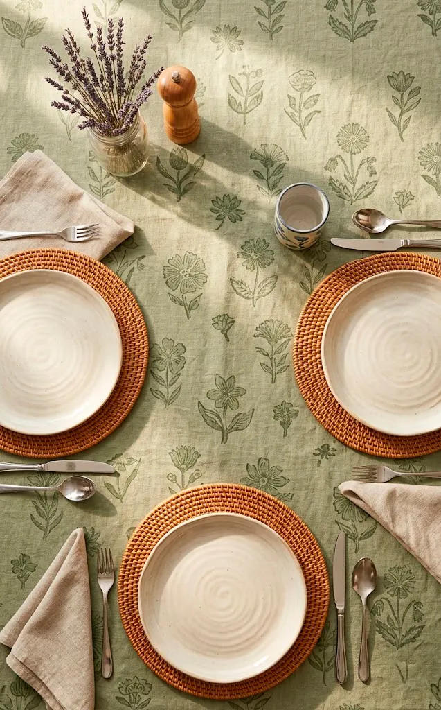 Sage green block print tablecloth with rattan placemats and ceramic plates.