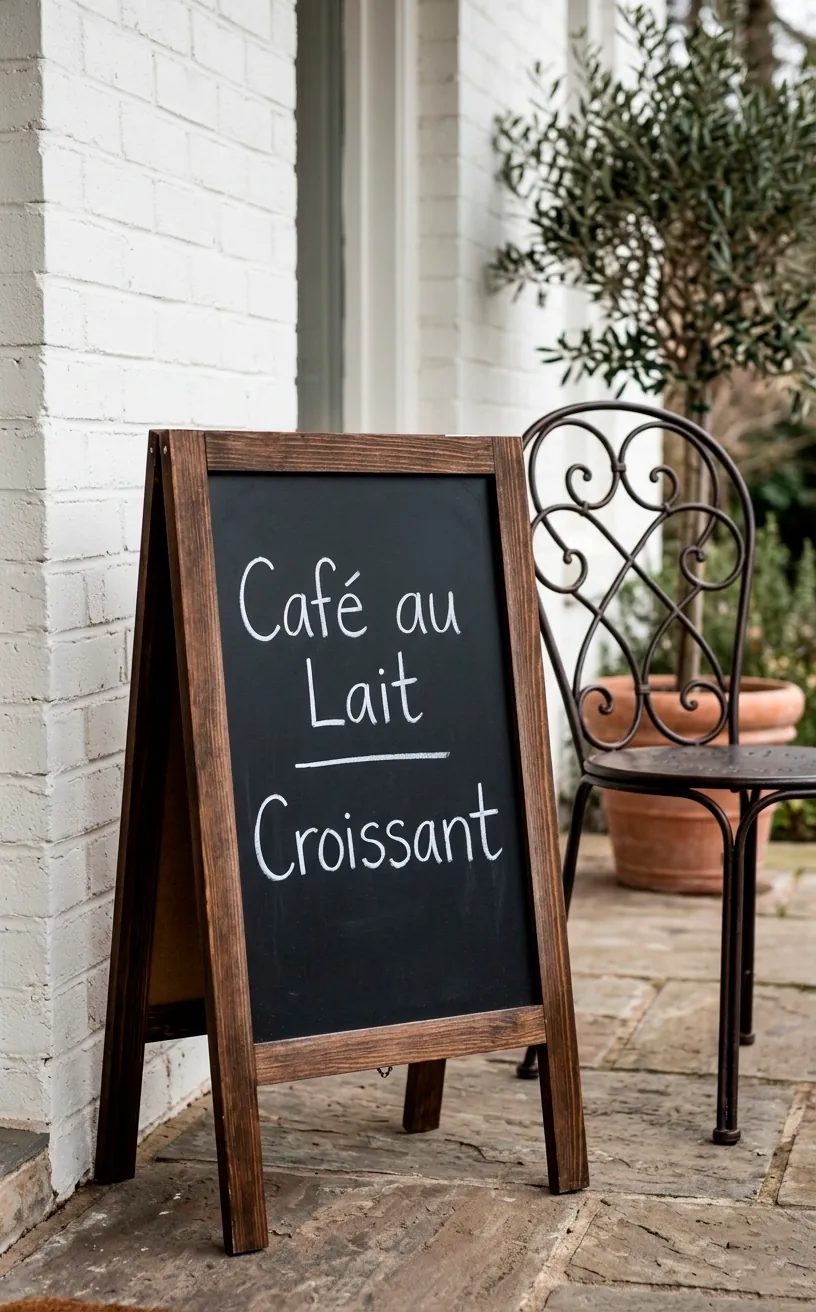 Small wooden menu chalkboard sign with French cafe text resting against a porch wall.